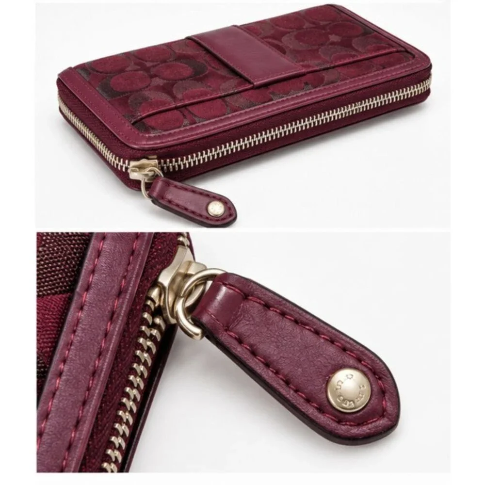 Coach Campbell Signature Metallic Buckle Accordion Zip Wallet in Bordeaux